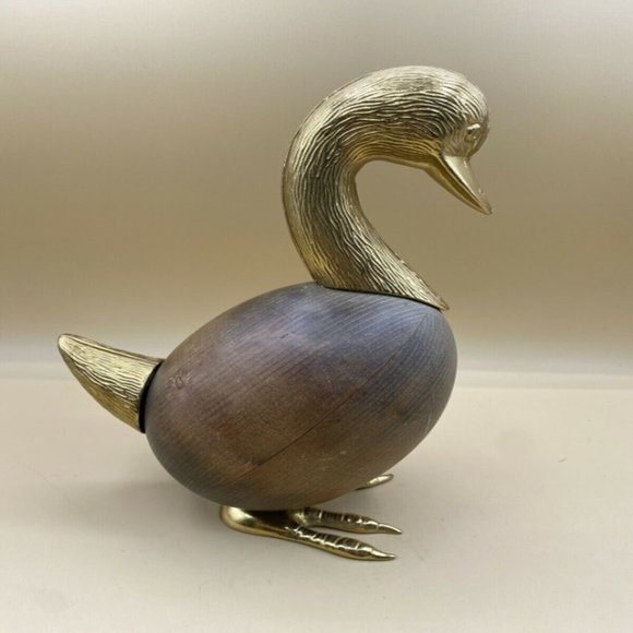 Vintage 1980 Dolbi Cashier Teak Wood Wooden Duck Bird Duck Brass READ